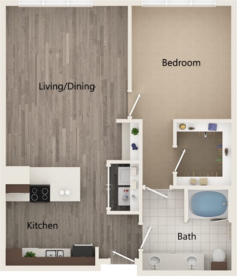 Floor plan for 1 bed, 1 bath, 903 sqft